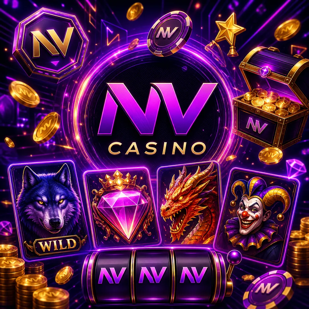 NV Casino promotional image with purple-magenta neon, gold accents, and slot-card visuals.